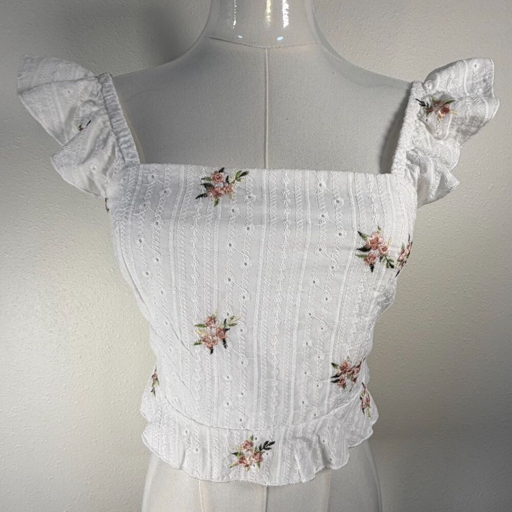 Kirious Los Angeles Crop Top Women Small White Eyelet Floral Tie Back